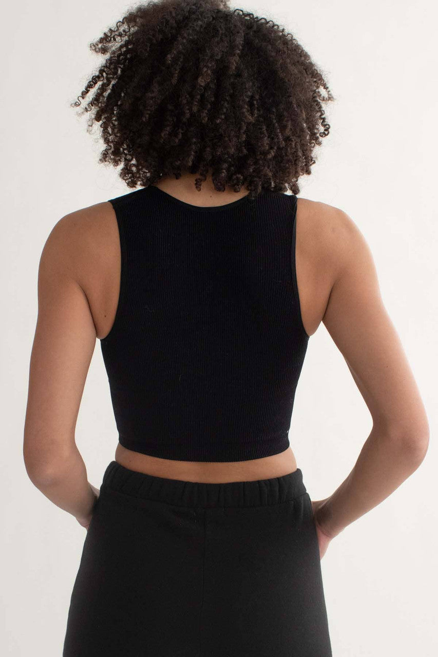 Black Ribbed Seamless Deep V Crop Tank