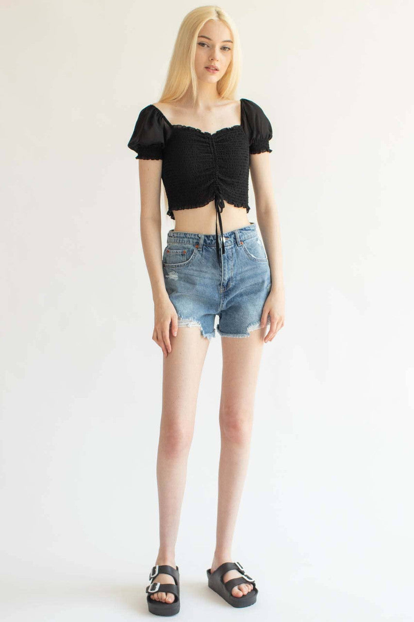 Black Smocked Ruched Front Milkmaid Top