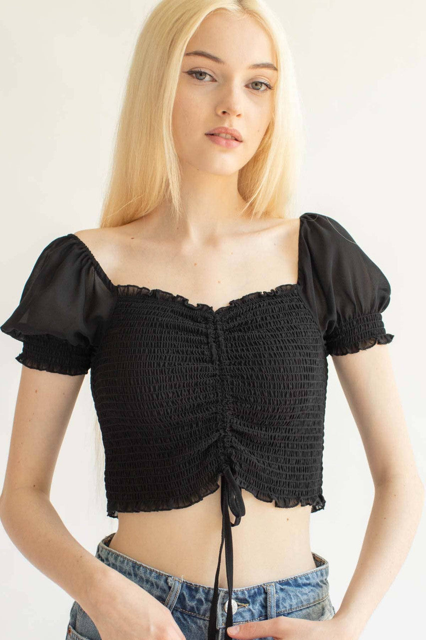 Black Smocked Ruched Front Milkmaid Top
