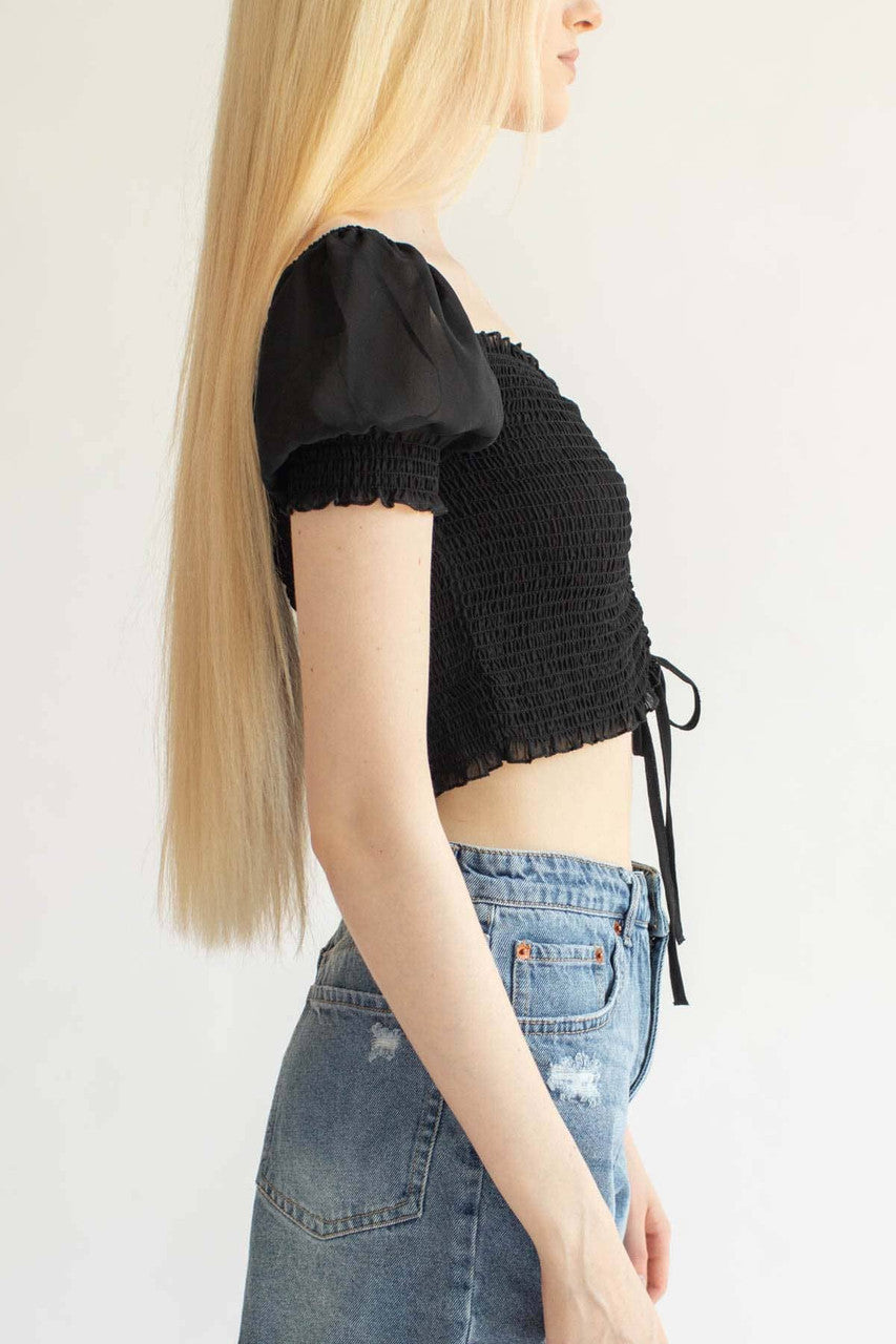 Black Smocked Ruched Front Milkmaid Top
