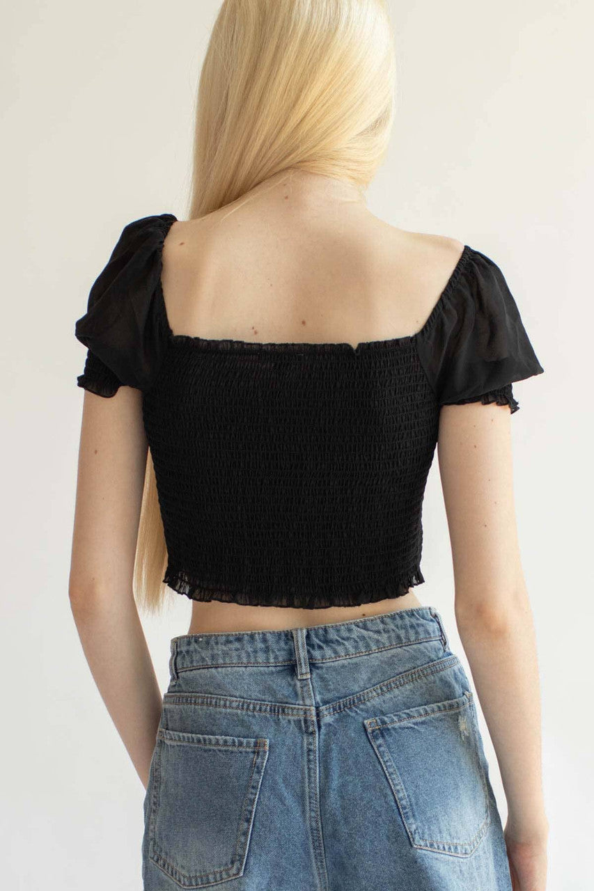 Black Smocked Ruched Front Milkmaid Top