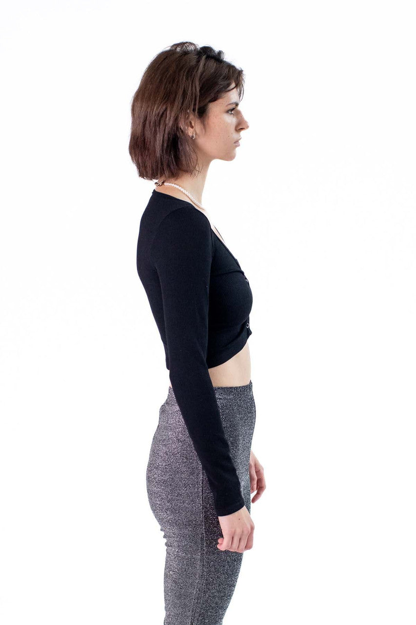 Black Snap Front Long Sleeve Top
