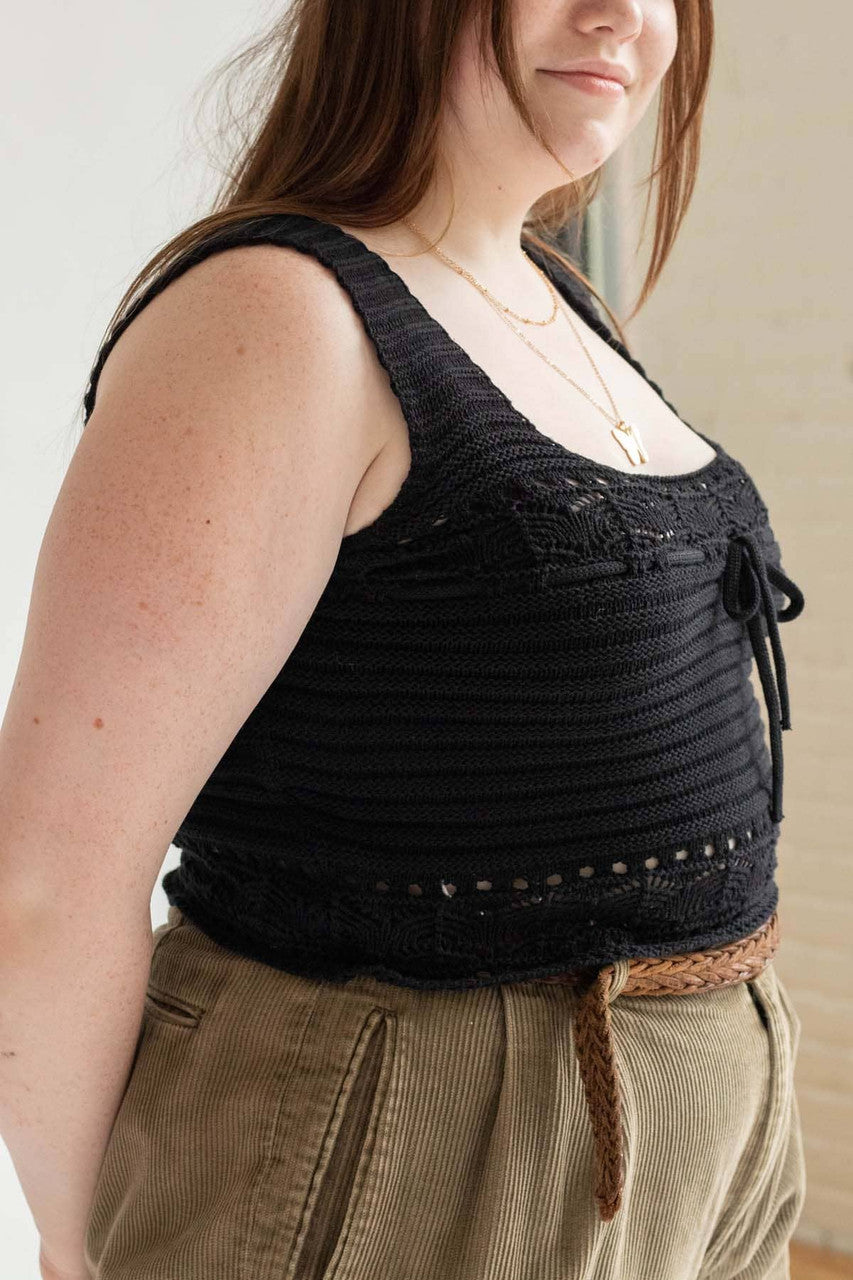 Black Square Neck Crochet Crop Tank (Extended Sizes)