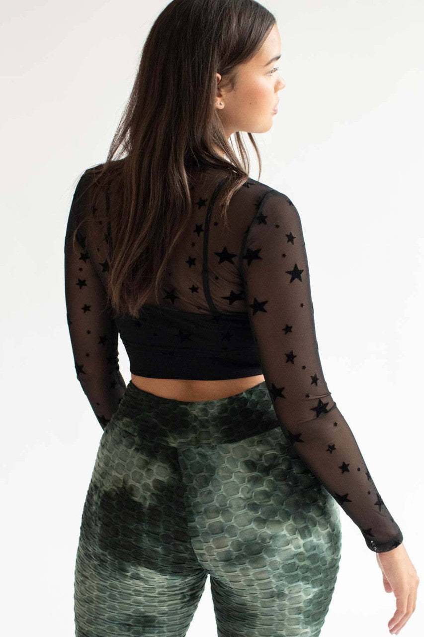 Black Stars Wrap Waist Long Sleeve Mesh Top
