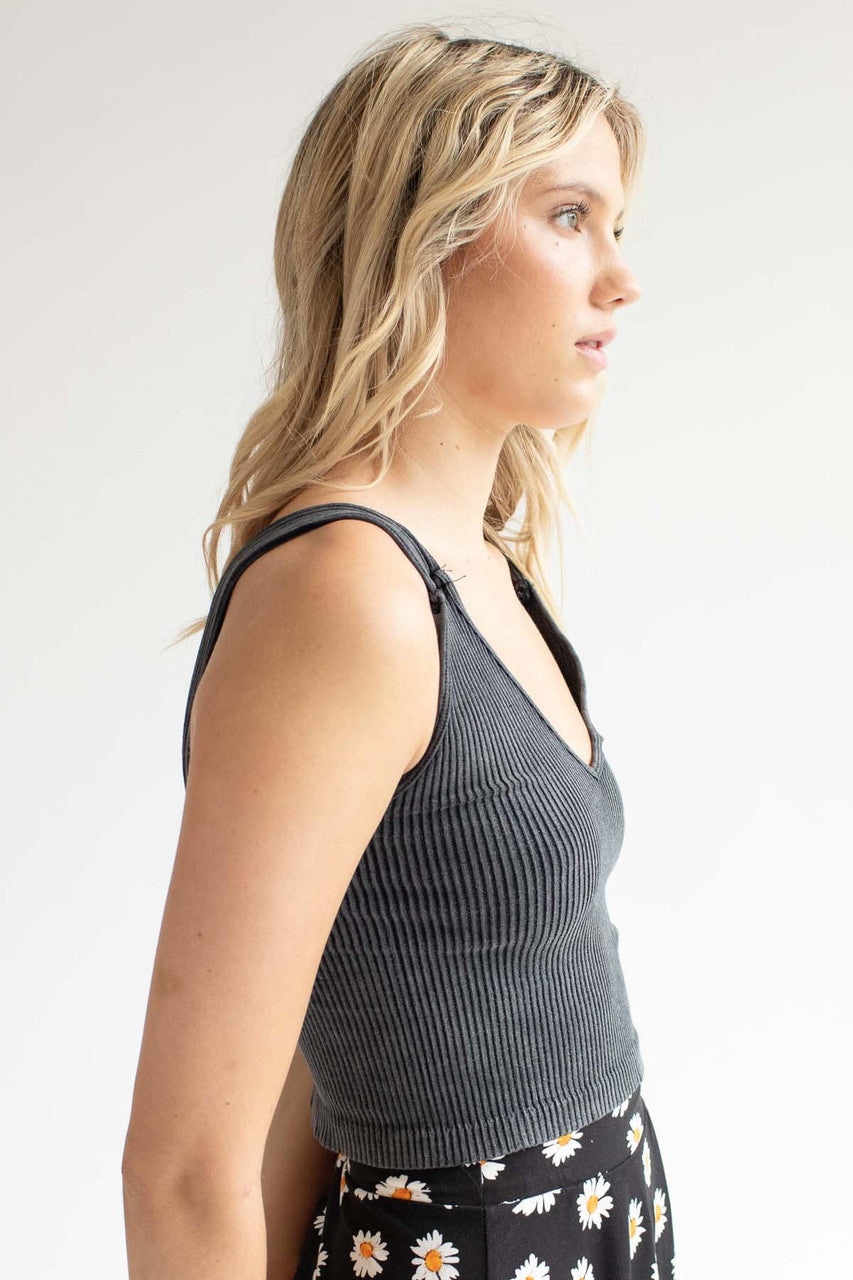 Black Stone Washed Seamless Ribbed Crop Tank