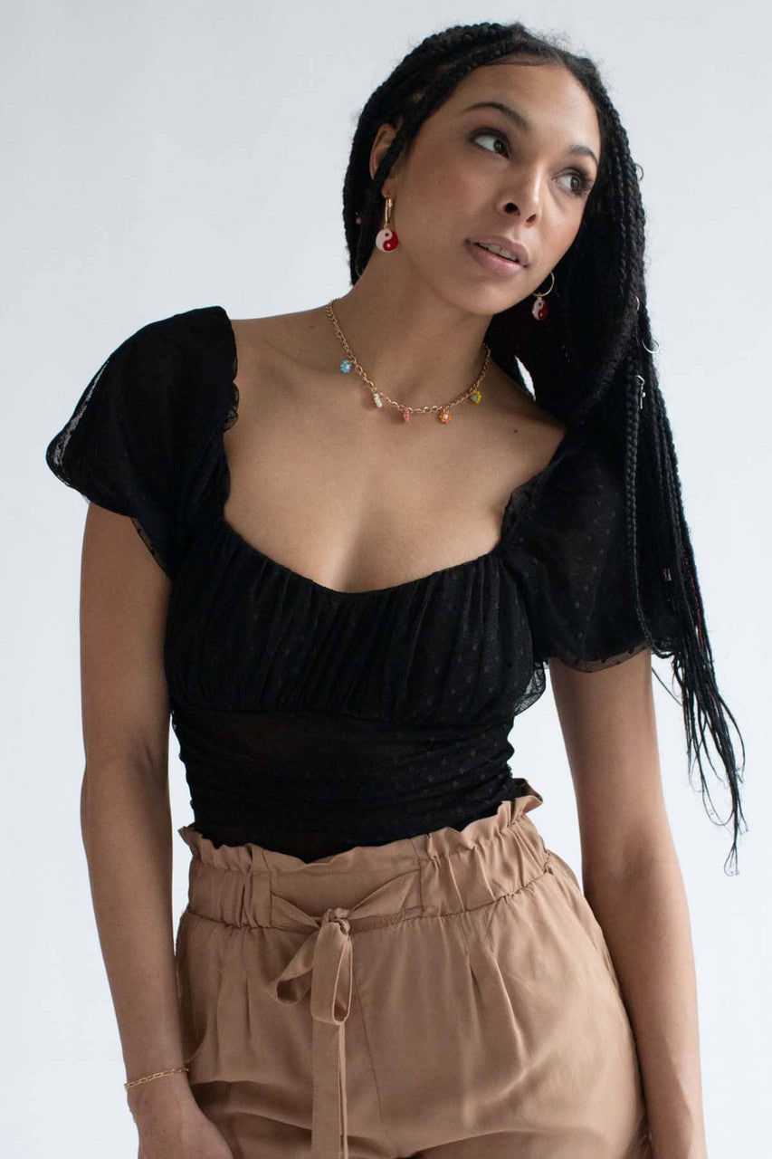 Black Swiss Dot Mesh Milkmaid Bodysuit