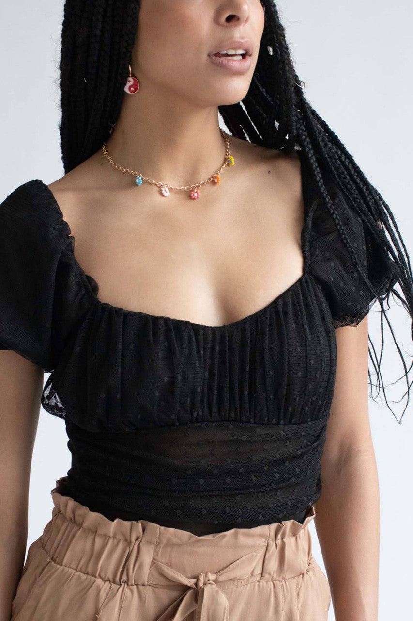 Black Swiss Dot Mesh Milkmaid Bodysuit
