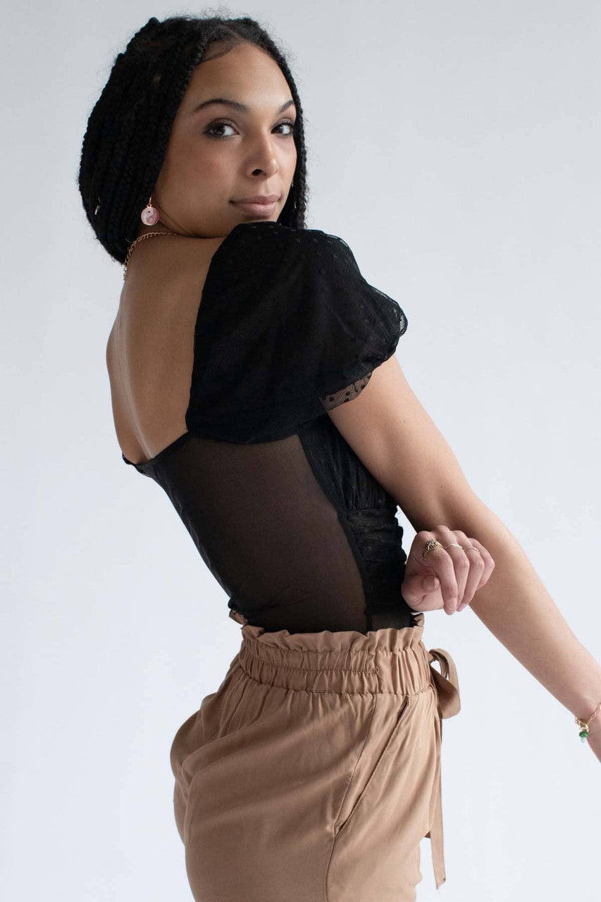 Black Swiss Dot Mesh Milkmaid Bodysuit