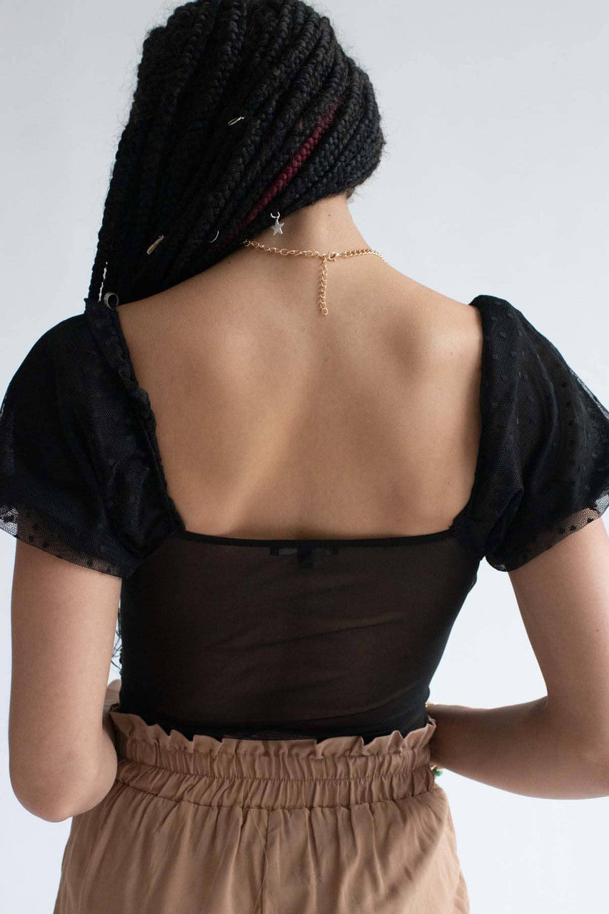 Black Swiss Dot Mesh Milkmaid Bodysuit