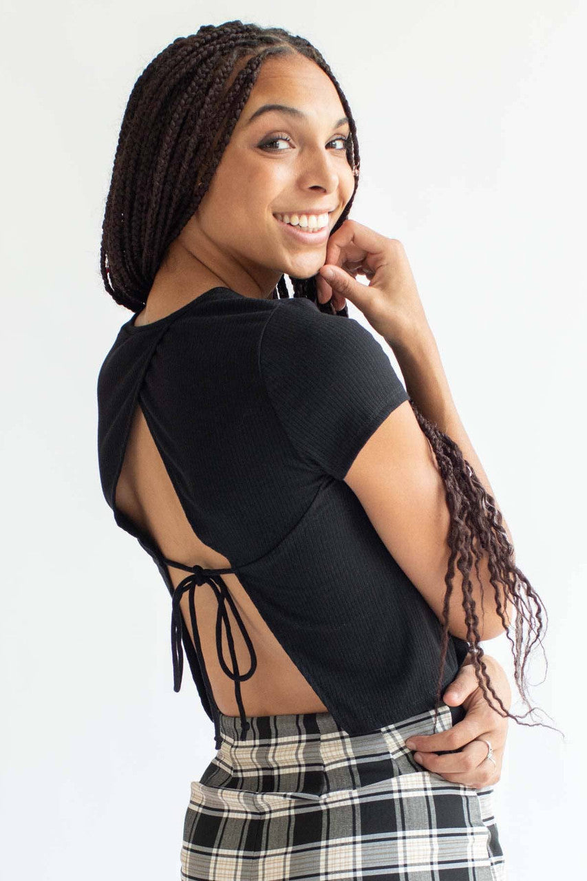 Black Tie Back Ribbed Tee