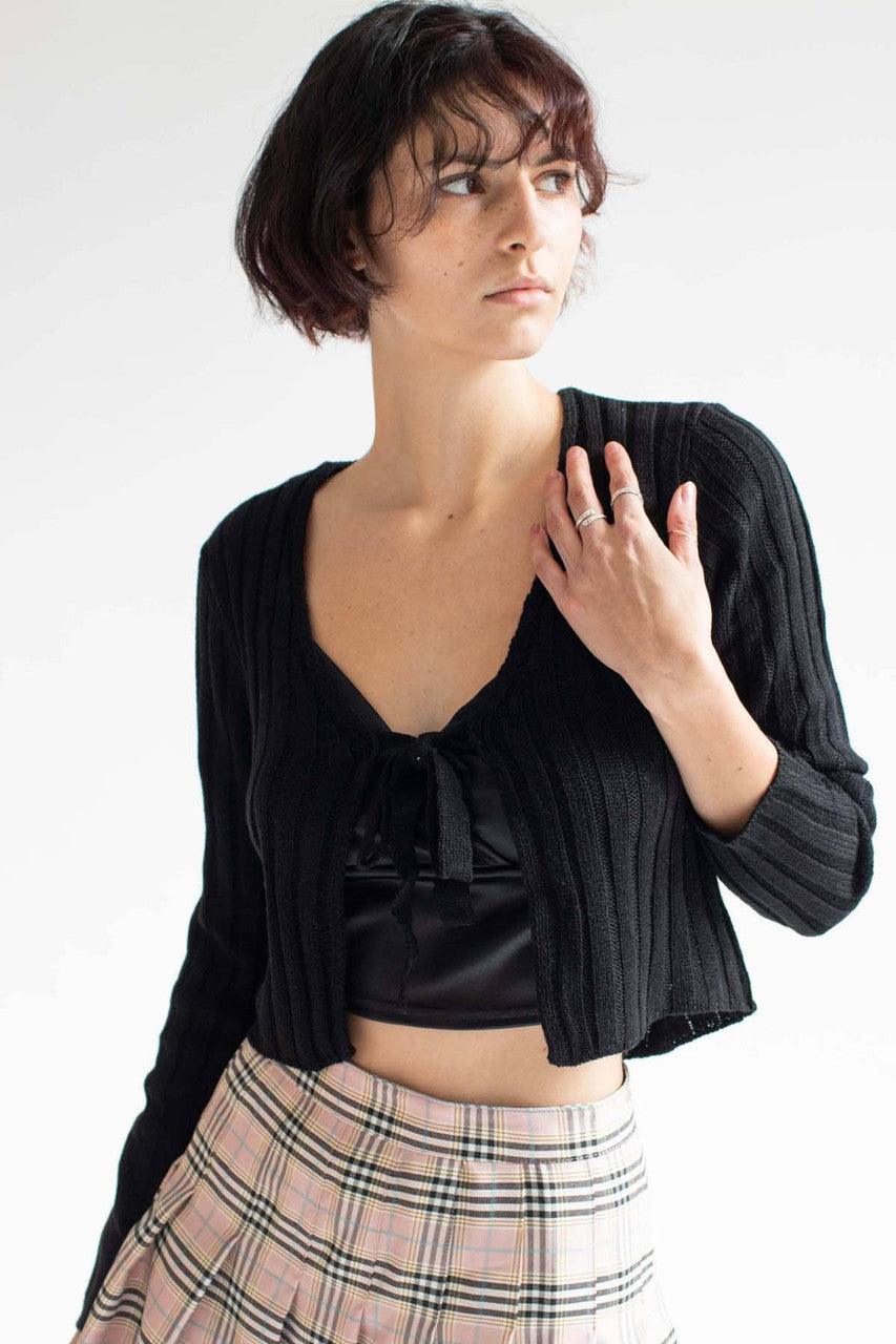 Black Tie Bust Ribbed Cardigan
