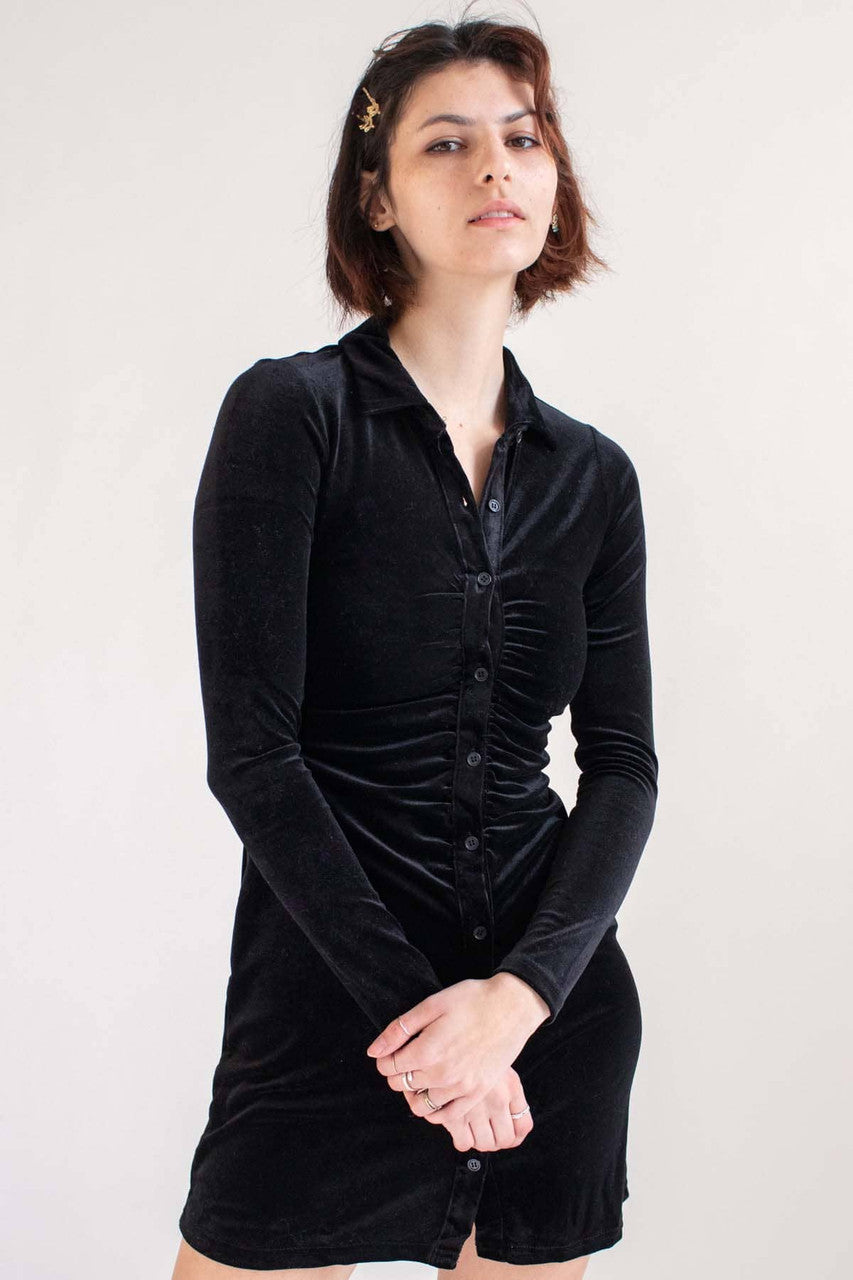 Black Velvet Ruched Long Sleeve Shirt Dress