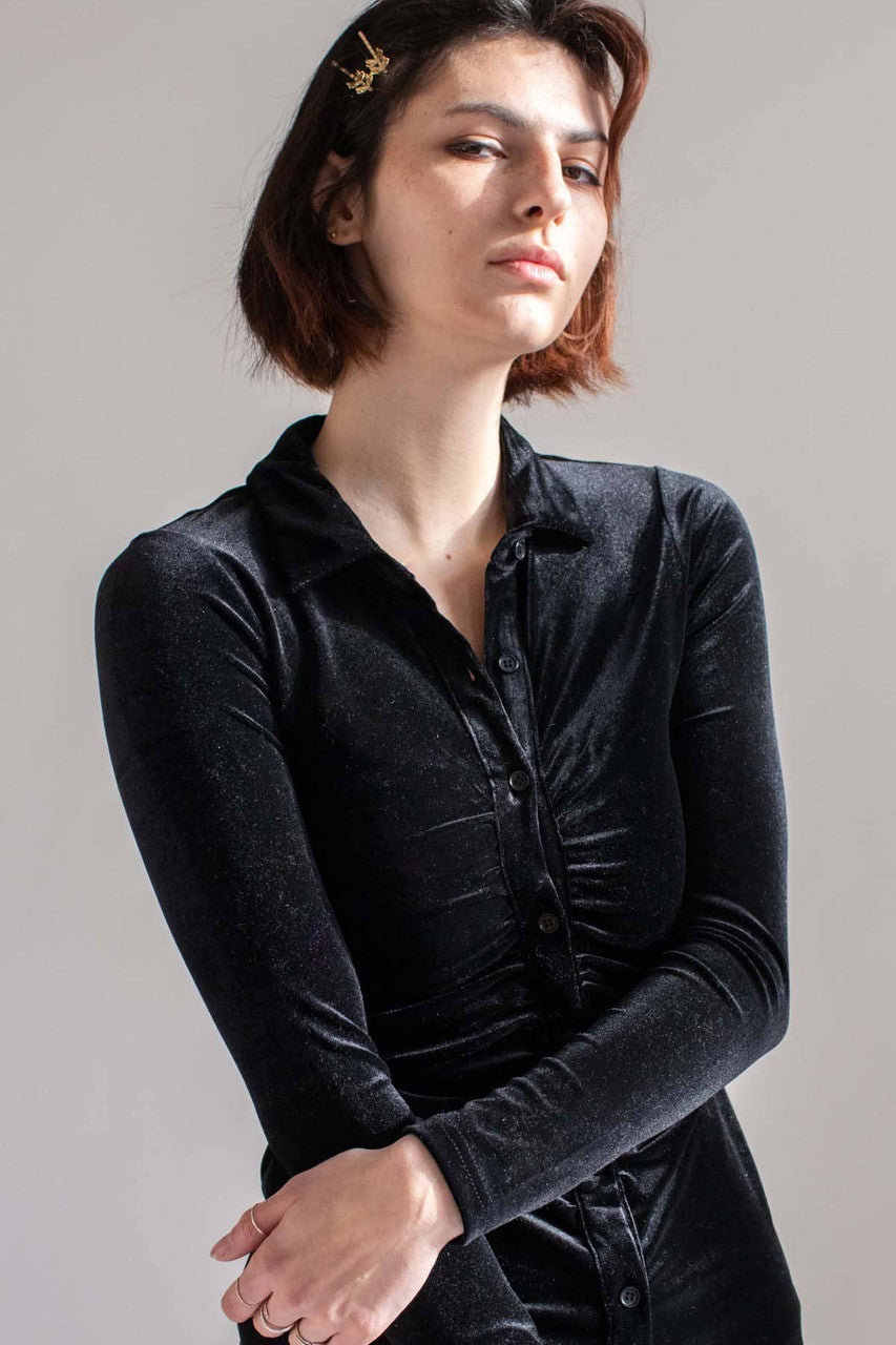 Black Velvet Ruched Long Sleeve Shirt Dress