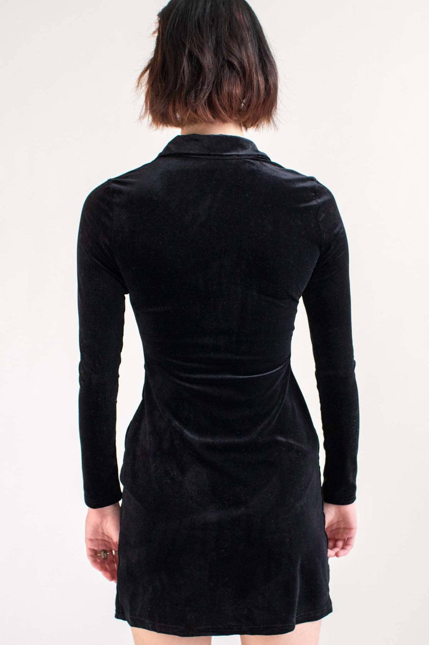 Black Velvet Ruched Long Sleeve Shirt Dress