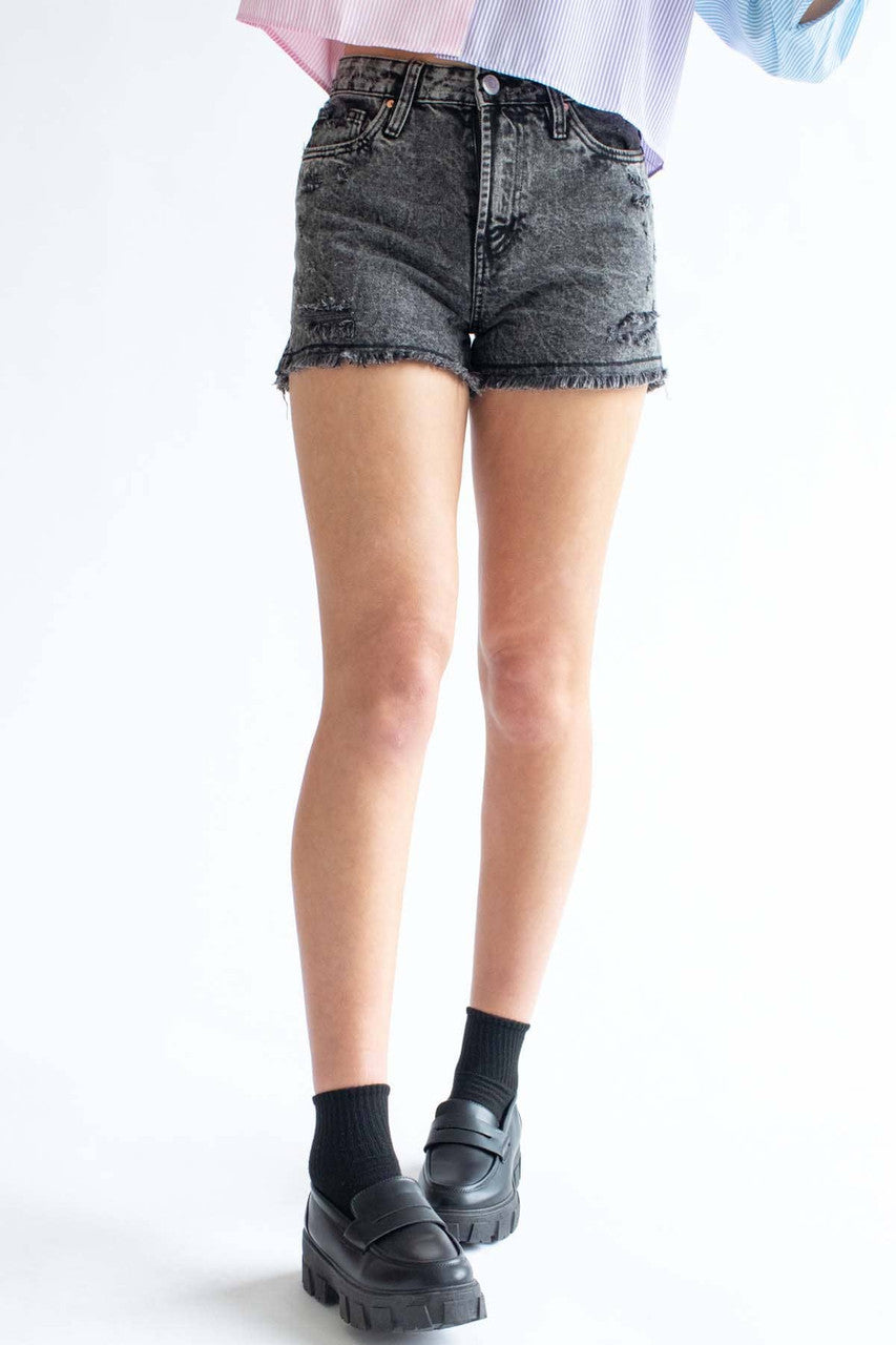 Black Washed High Rise Frayed Denim Shorts
