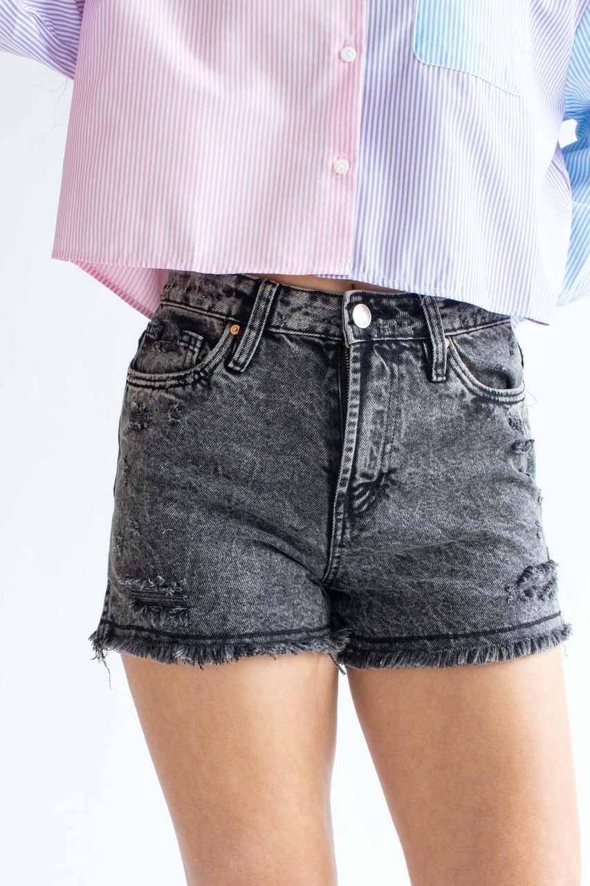 Black Washed High Rise Frayed Denim Shorts
