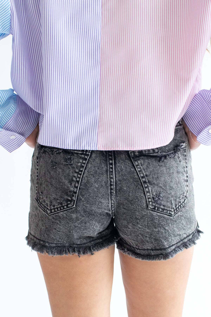 Black Washed High Rise Frayed Denim Shorts
