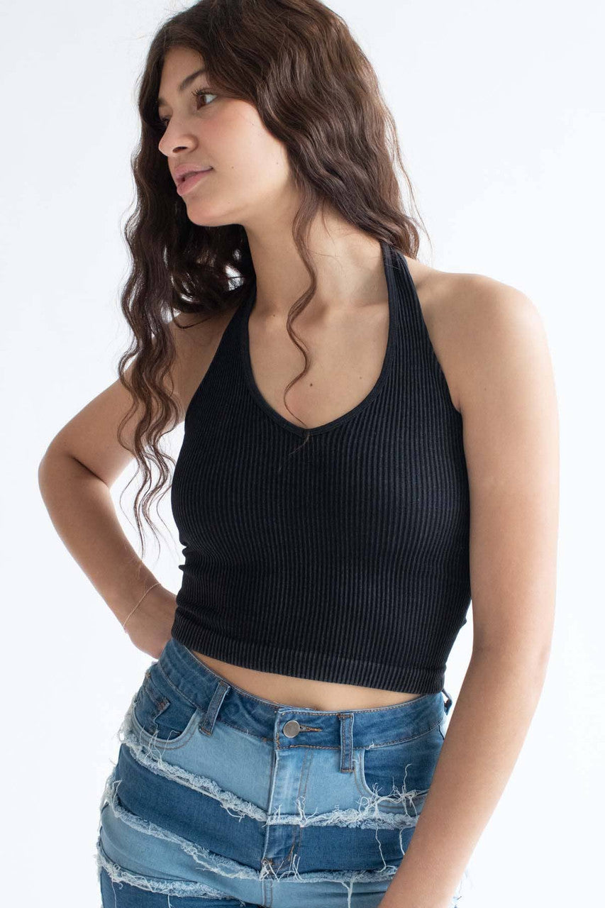 Black Washed Seamless Halter Top