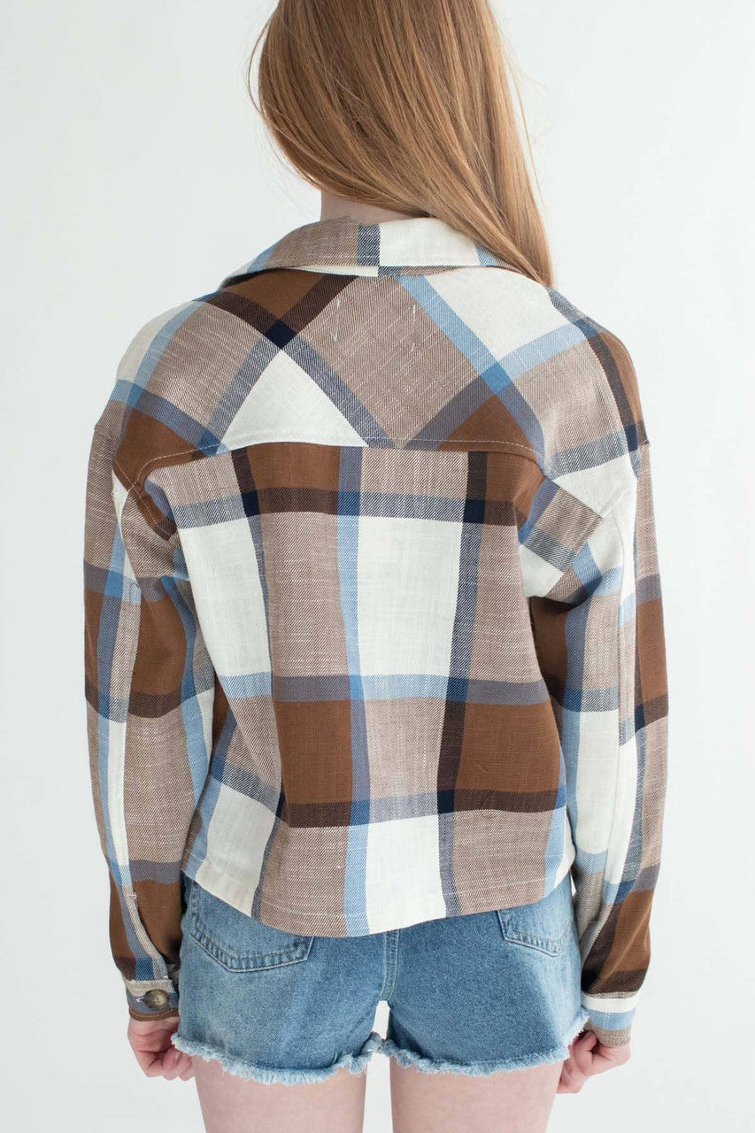 Blue & Brown Linen Blend Plaid Cropped Jacket