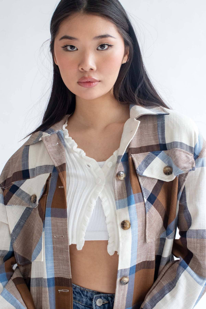 Blue & Brown Linen Blend Plaid Shirt Jacket