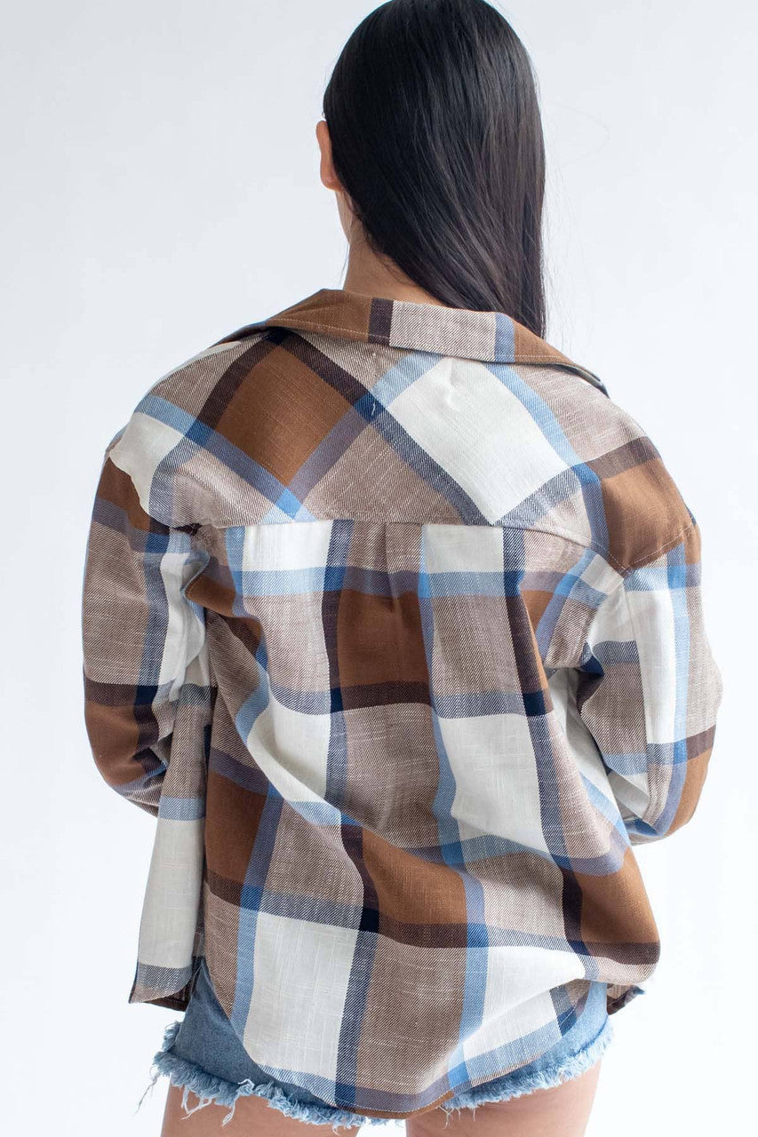 Blue & Brown Linen Blend Plaid Shirt Jacket