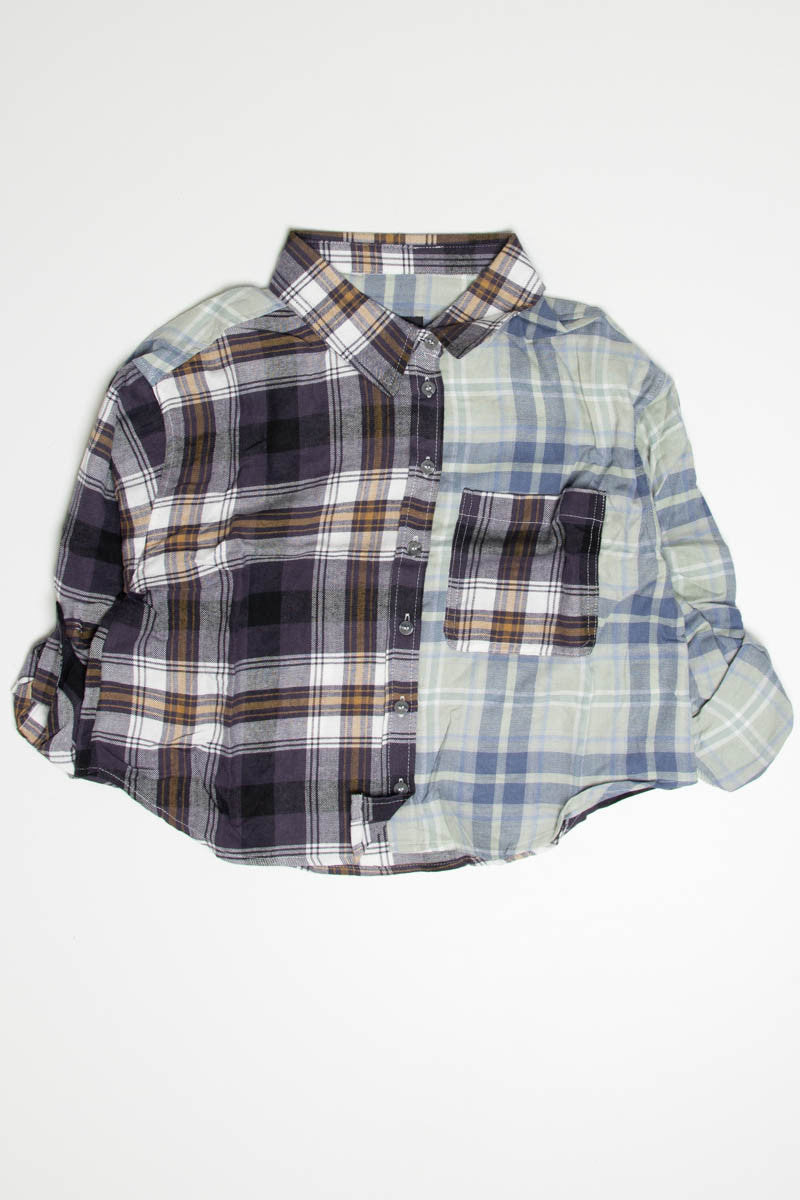 Blue Combo Split Plaid Cropped Flannel
