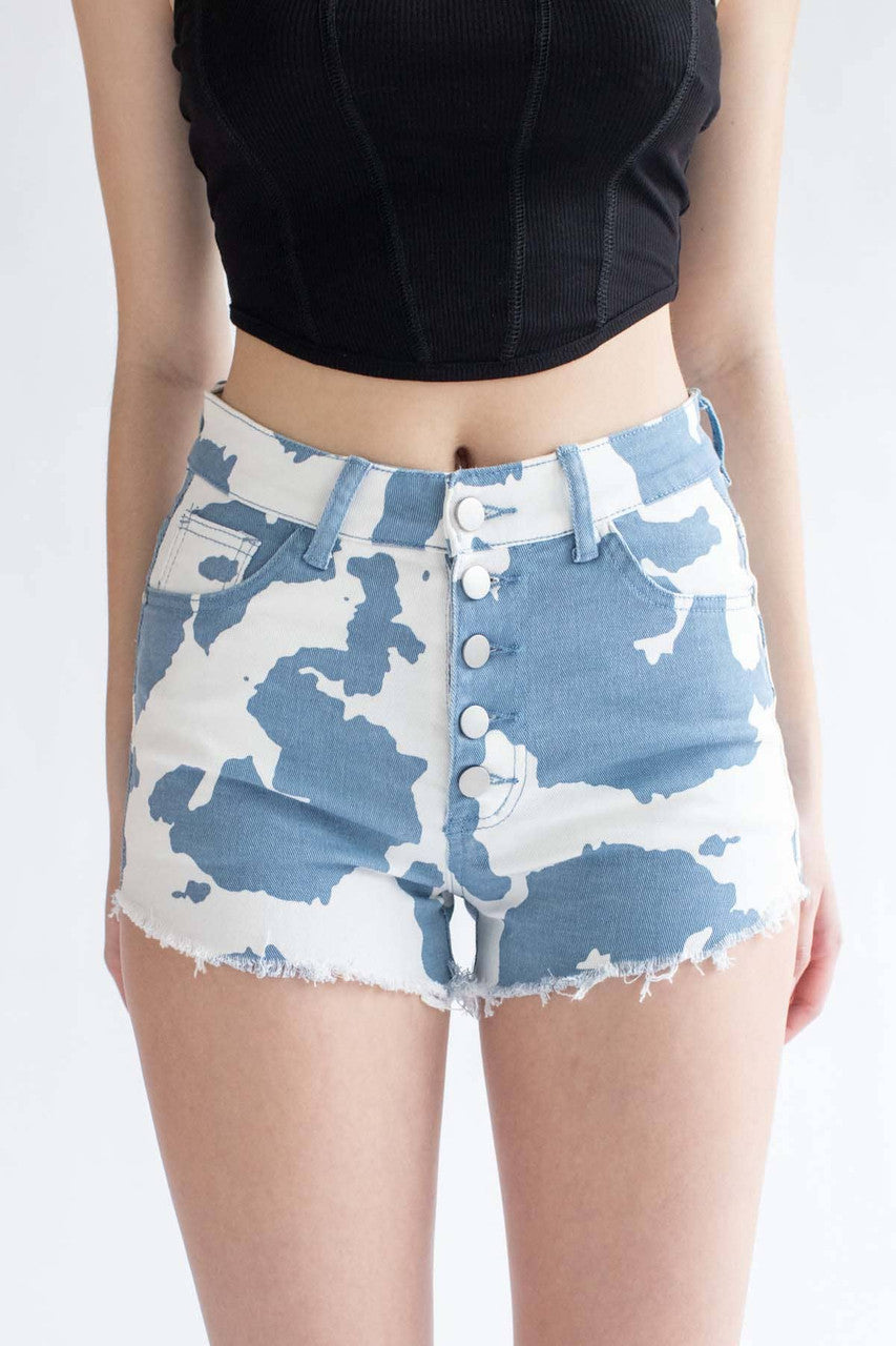 Blue Cow Print Denim Shorts
