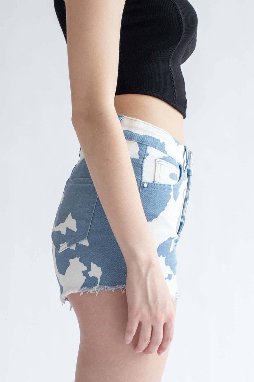 Blue Cow Print Denim Shorts