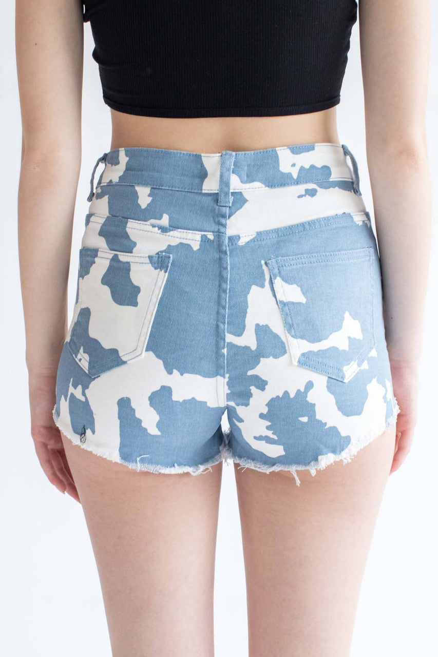 Blue Cow Print Denim Shorts