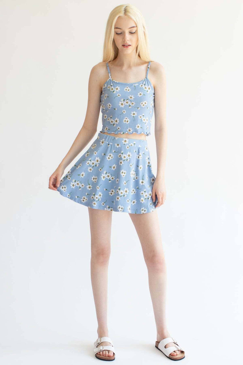 Blue Daisy Print Skater Skirt