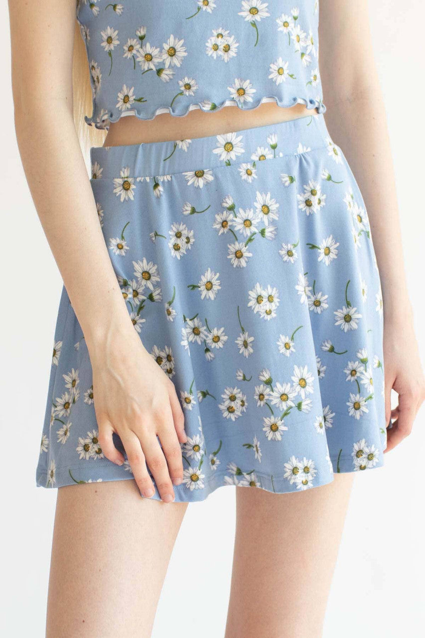Blue Daisy Print Skater Skirt
