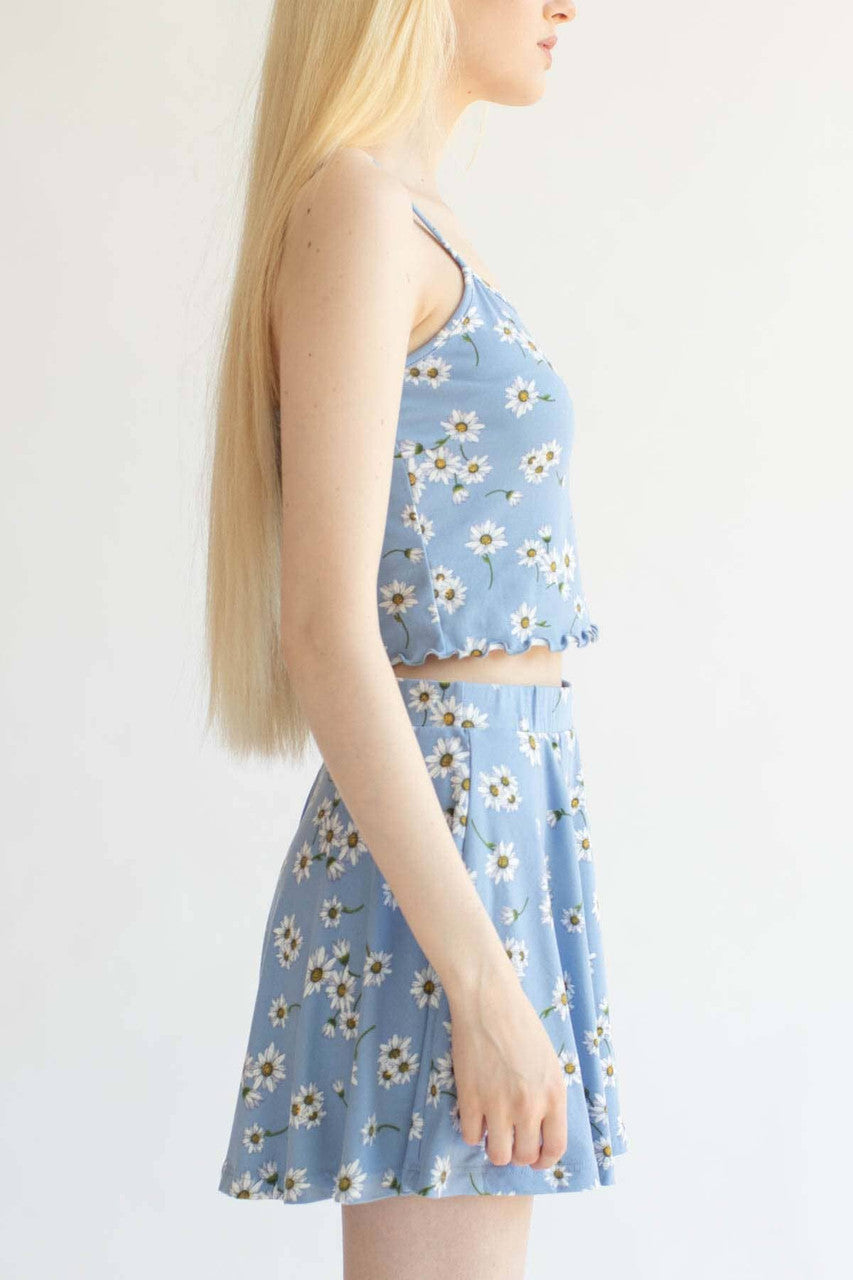 Blue Daisy Print Skater Skirt