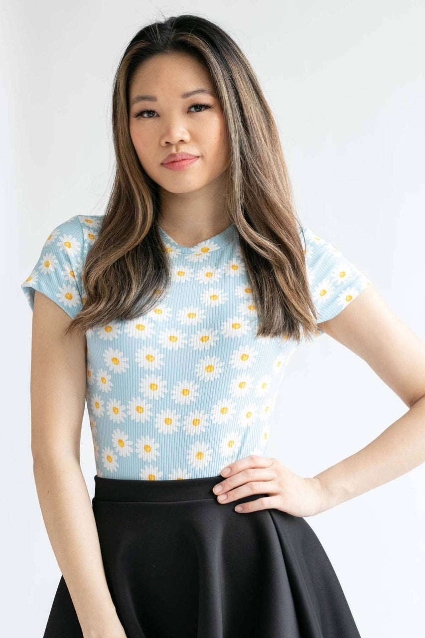 Blue Daisy Ribbed Short Sleeve Bodysuit