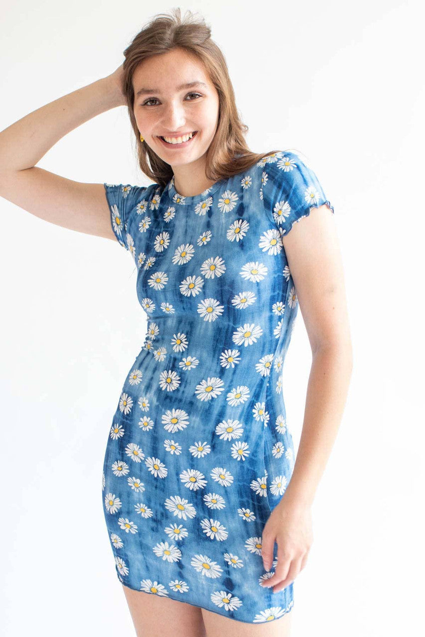 Blue Daisy Tie Dye Short Sleeve Mini Dress