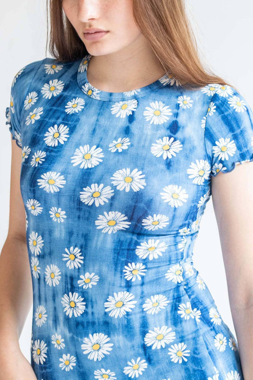 Blue Daisy Tie Dye Short Sleeve Mini Dress