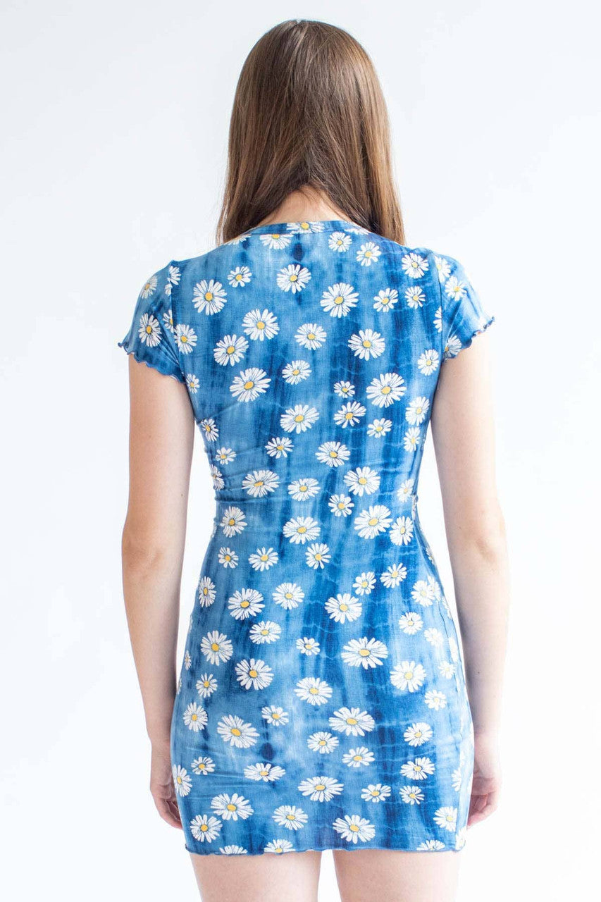 Blue Daisy Tie Dye Short Sleeve Mini Dress