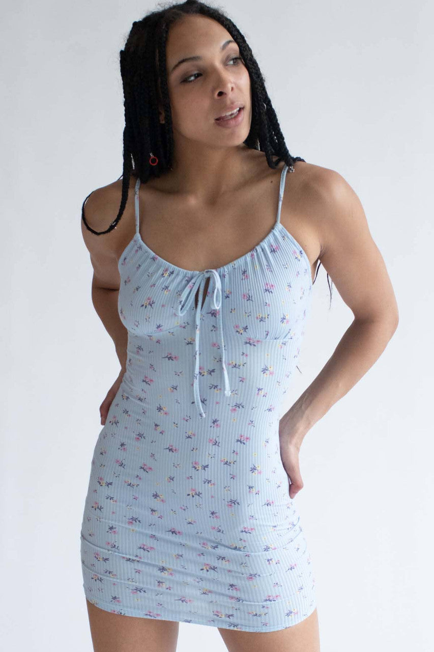 Blue Ditsy Floral Milkmaid Mini Dress