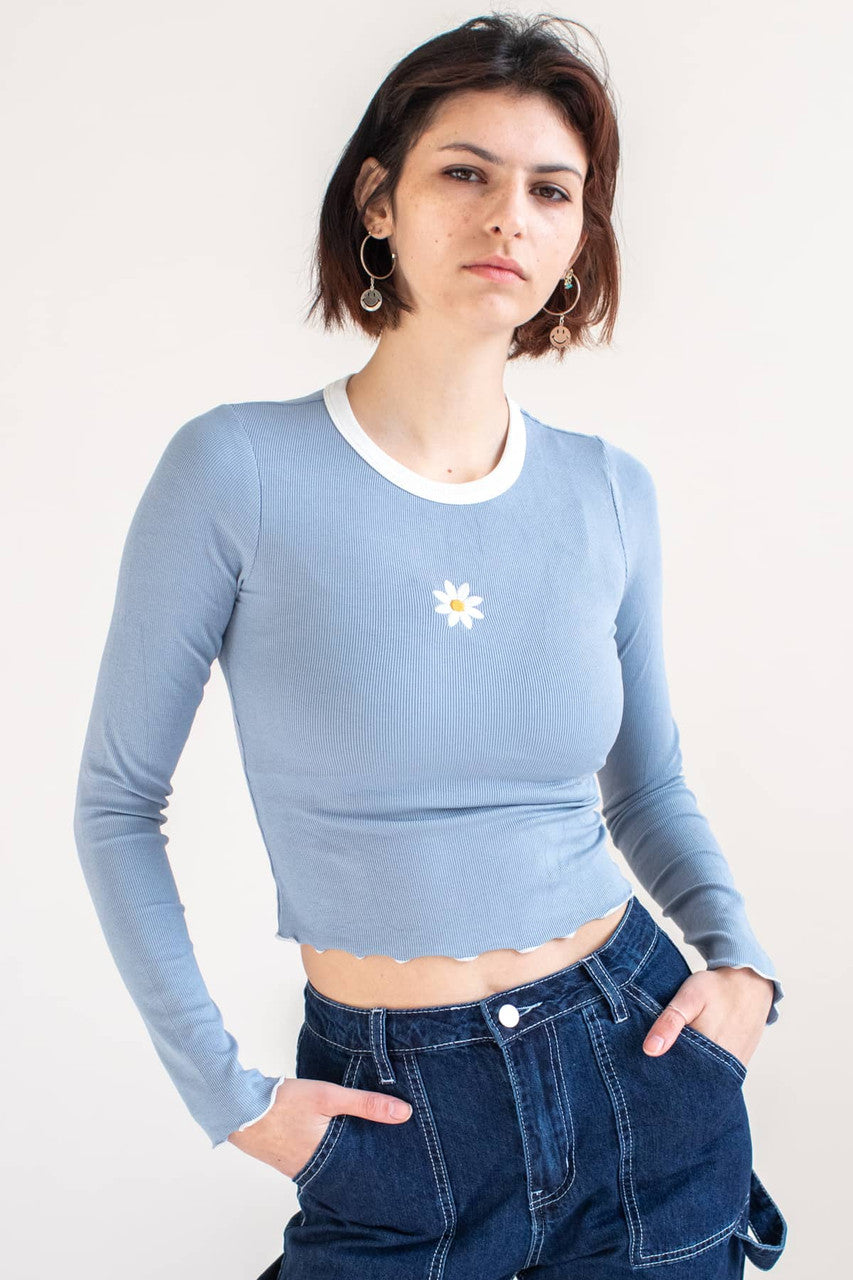Blue Embroidered Daisy Long Sleeve Tee