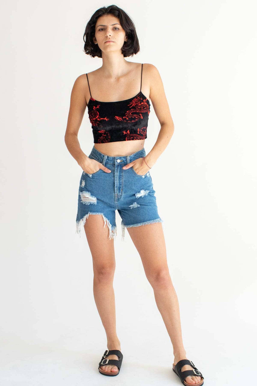 Blue High Rise Cut Off Denim Shorts