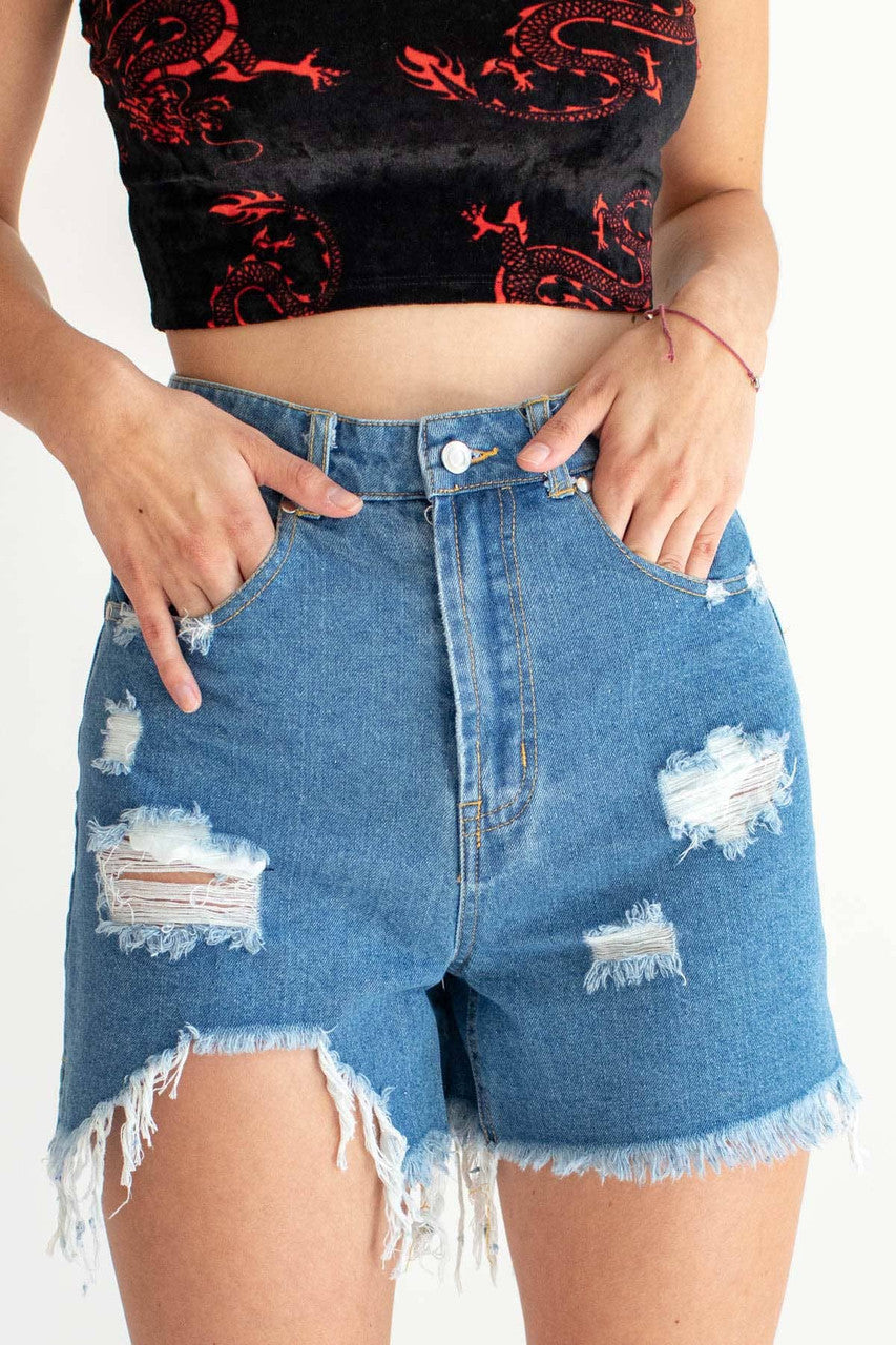 Blue High Rise Cut Off Denim Shorts