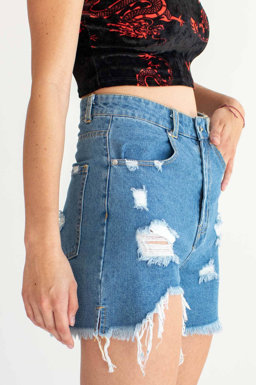 Blue High Rise Cut Off Denim Shorts