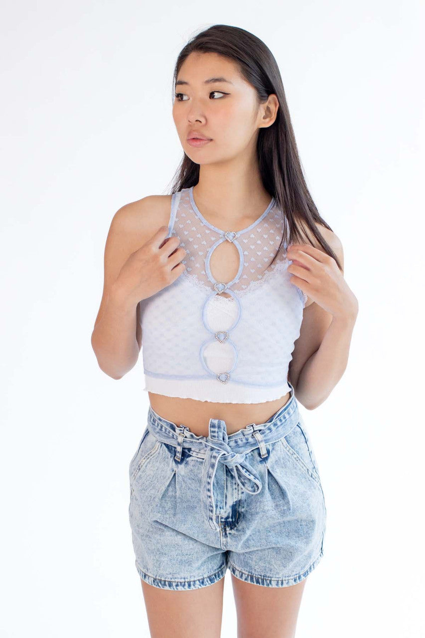 Blue Mesh Rhinestone Heart Vest