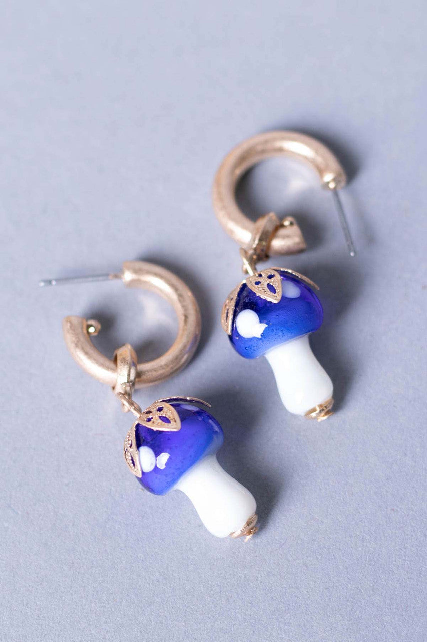 Blue Mushroom Drop Hoop Earrings
