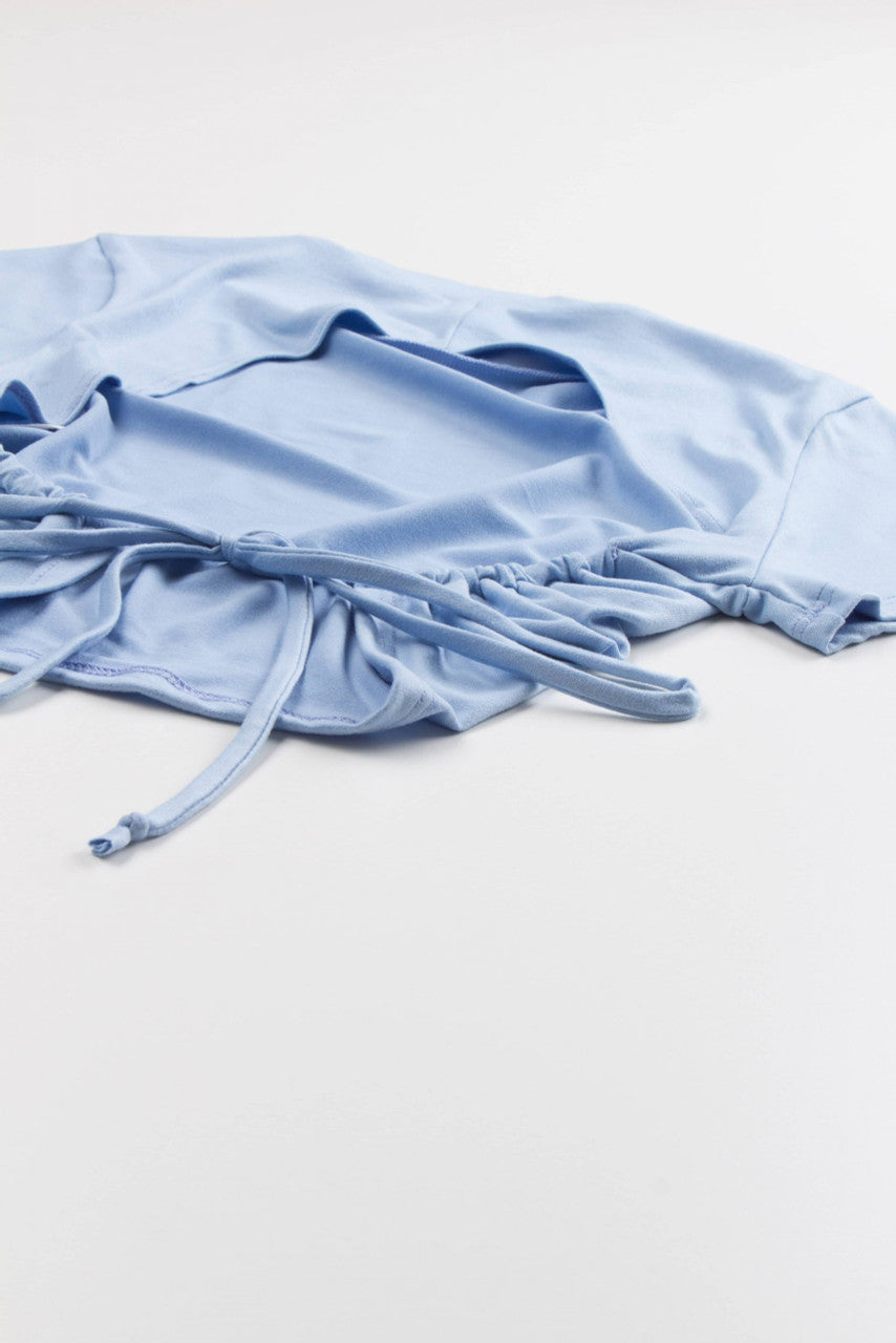 Blue Open Tie Back Mock Neck Tee