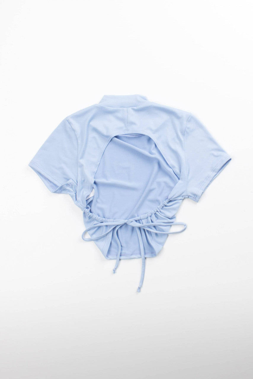 Blue Open Tie Back Mock Neck Tee