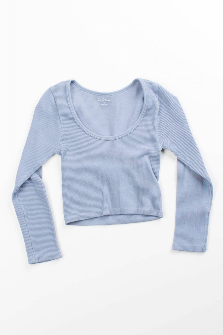Blue Ribbed Seamless Scoop Neck 3/4 Sleeve Top
