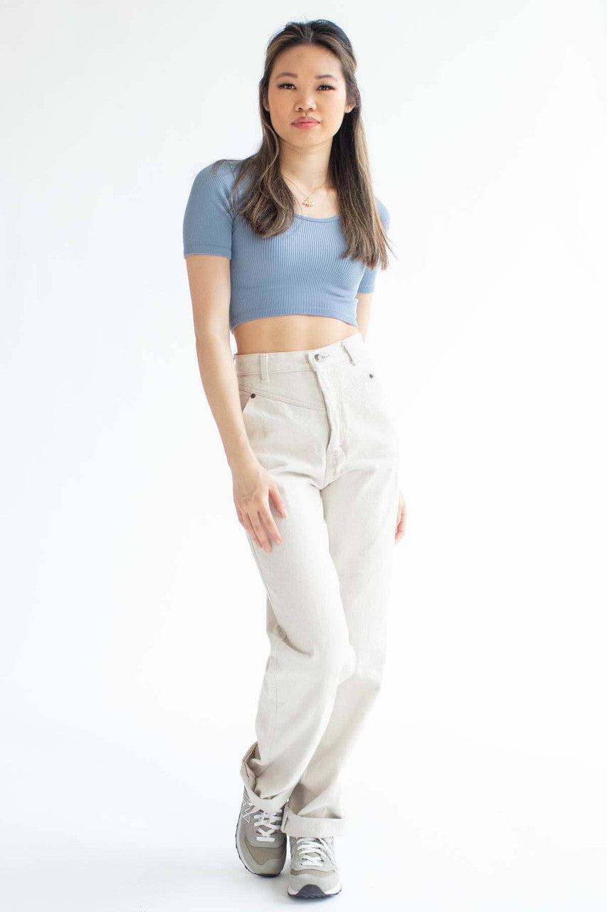 Blue Ribbed Seamless Scoop Neck Crop Tee
