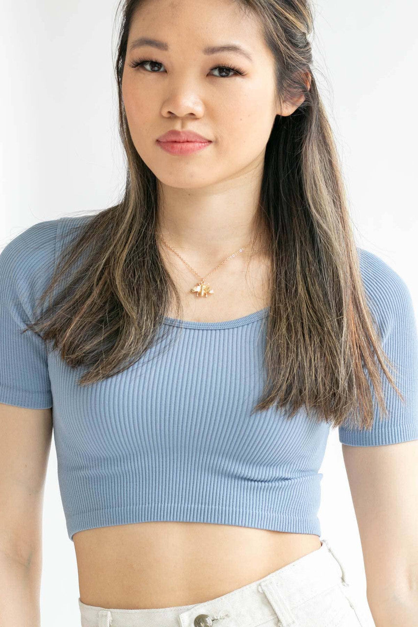 Blue Ribbed Seamless Scoop Neck Crop Tee