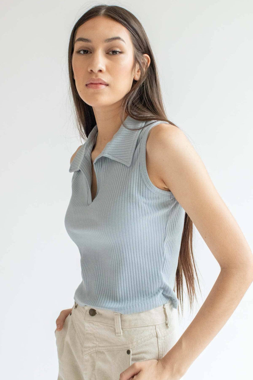 Blue Ribbed Sleeveless Polo