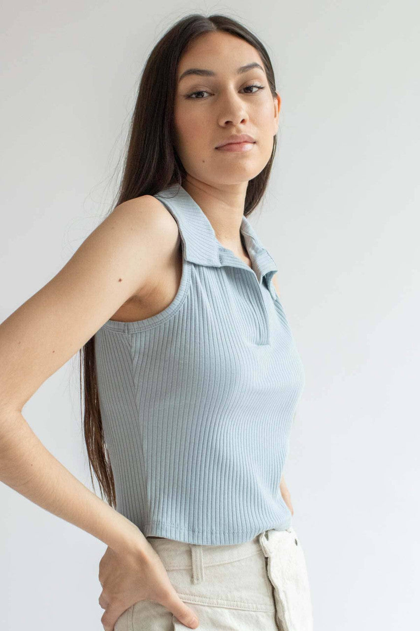 Blue Ribbed Sleeveless Polo